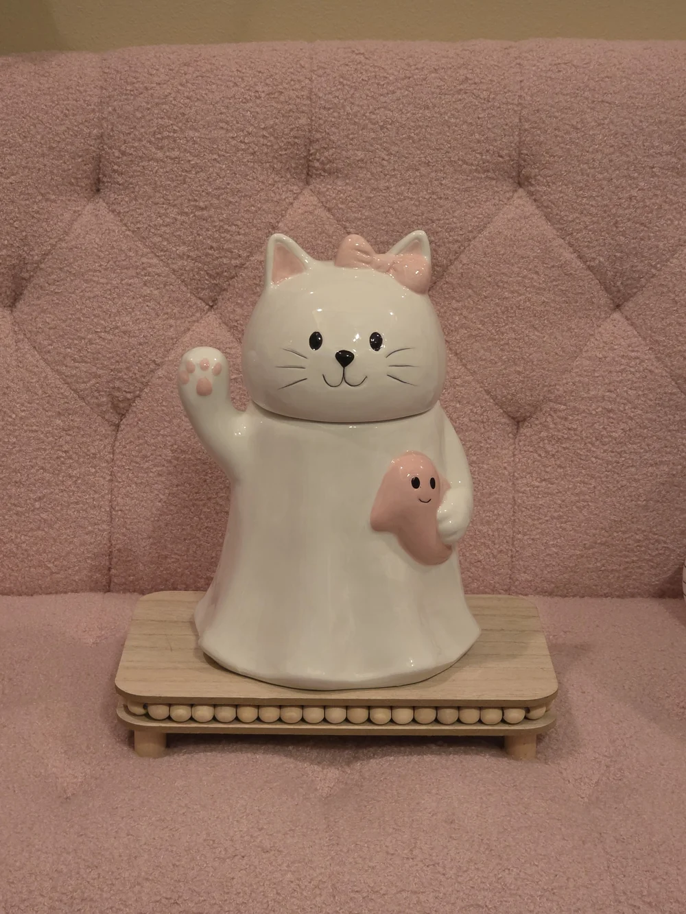 Ceramic White & Pink Cat Cookie Jar - Cute Paw & Bow Design
